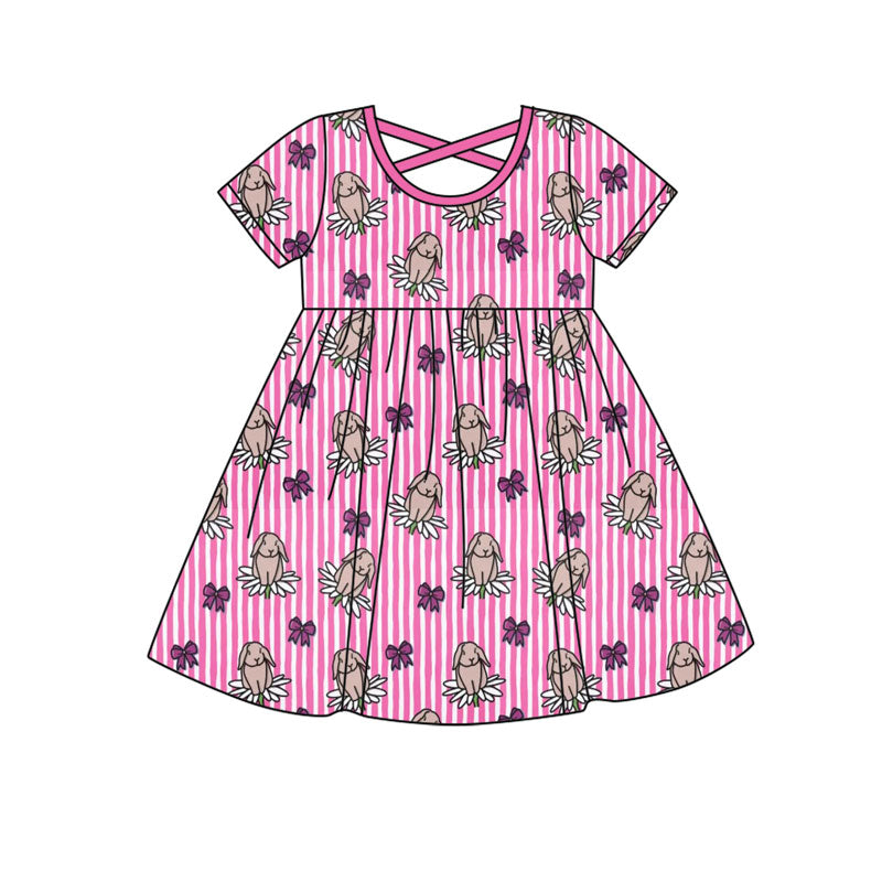 Preorder(moq 8)Baby Girls Pink Stripe Rabbits Flowers Easter Knee Length Dresses