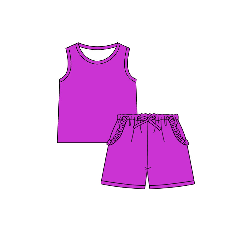 Preorder (moq 5)Baby Girls Purple Sleeveless Shirt Ruffle Pockets Shorts Clothes Sets