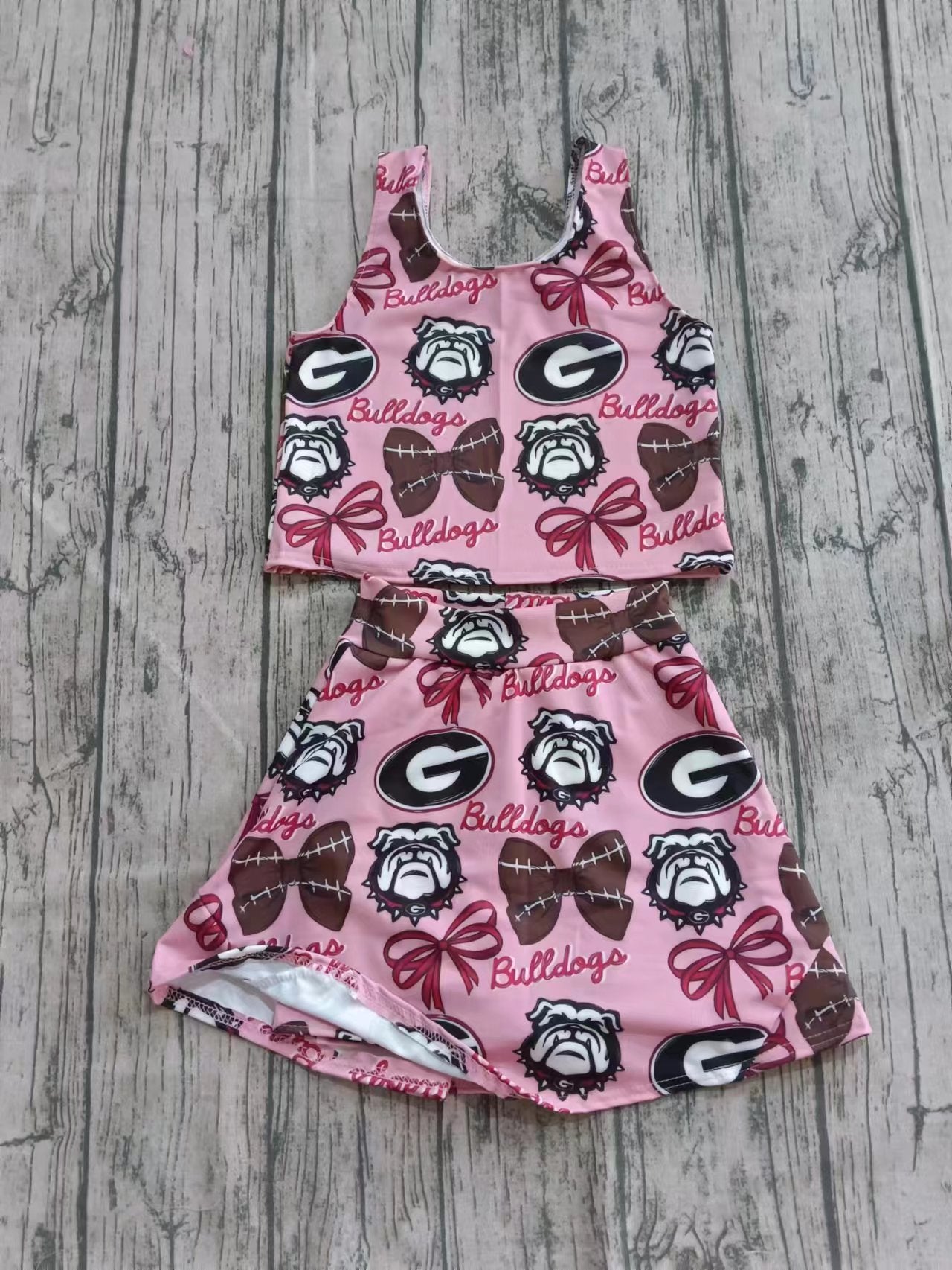 Preorder (moq 5)Baby Girls Sleeveless Bulldogs Bows Top Skorts Team Sets