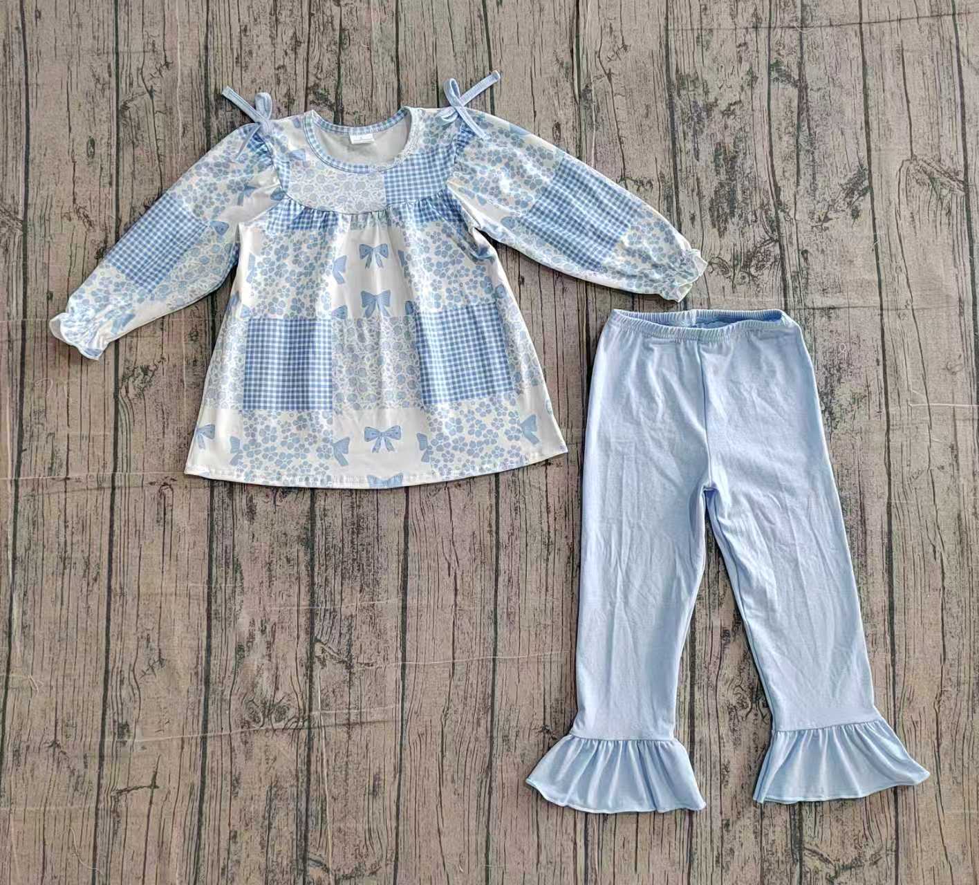 Preorder moq 5 Baby Girls Blue Bow Flowers Checked Tunic Ruffle Pants Clothes Sets