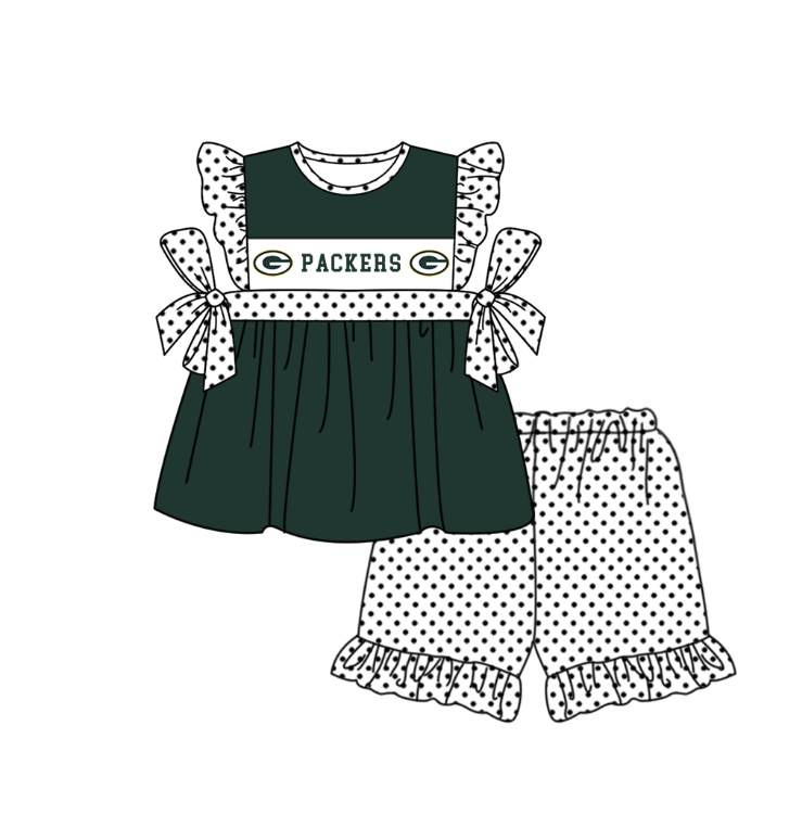 Preorder (moq 5)Baby Girls Flutter Sleeve Packers Tunic Polka Dots Ruffle Short Team Clothes Sets