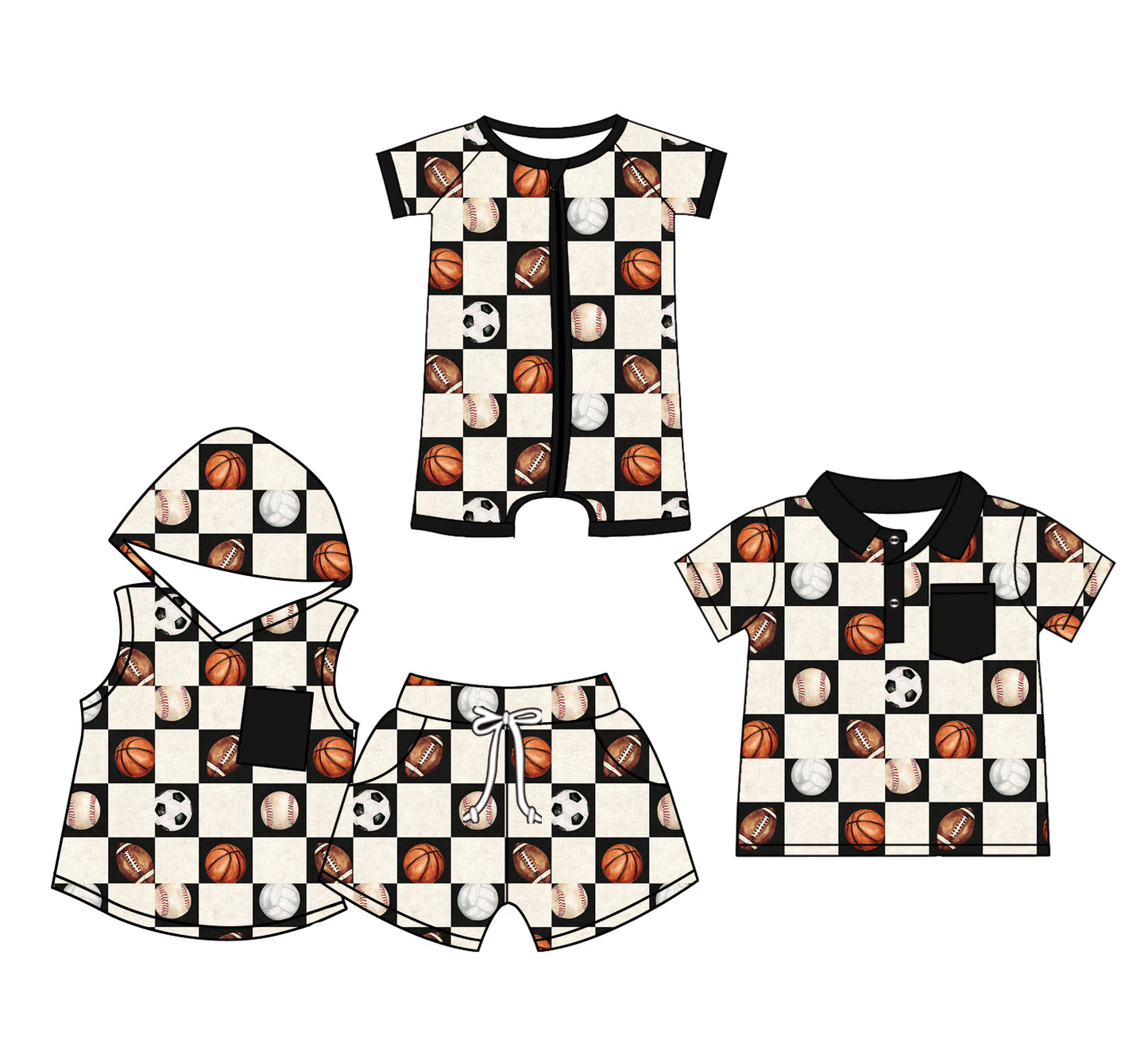 Preorder moq 5 Custom Baby Boys Black Short Sleeves Button Footballs Baseballs Hoodie Short Set Polo Shirt And Rompers