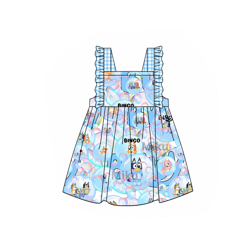 Preorder (moq 5)Baby Girls Blue Dogs Balloons Knee Length Dresses