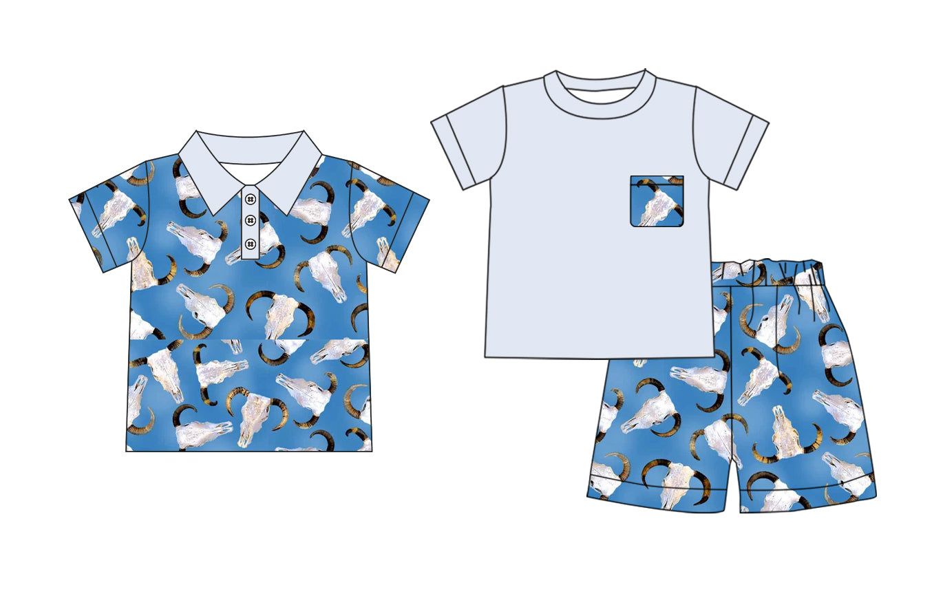 Preorder moq 5 Custom Baby Boys Blue Short Sleeves Bull Skull Top Short Set Polo Shirts Top