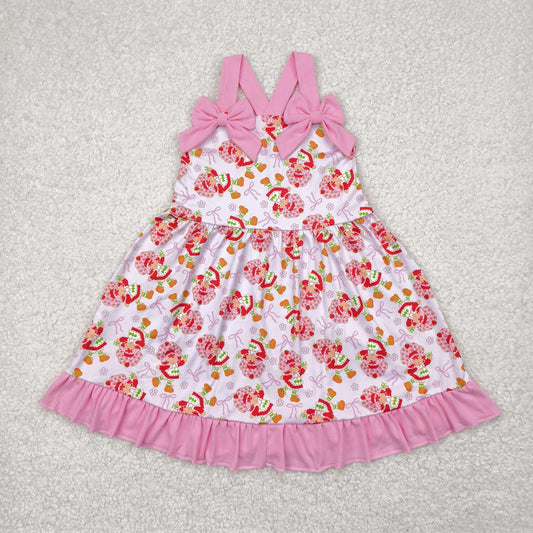 Sibling Baby Girls Pink Strap Bows Strawberry Floral Knee Length Dresses Rompers