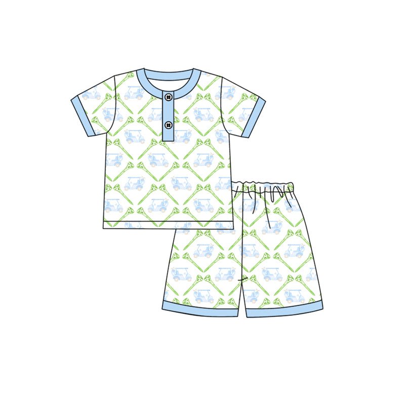 Preorder (moq 5)Baby Boys Short Sleeves Blue Golf Trucks Button Top Short Pajamas Set Preorder