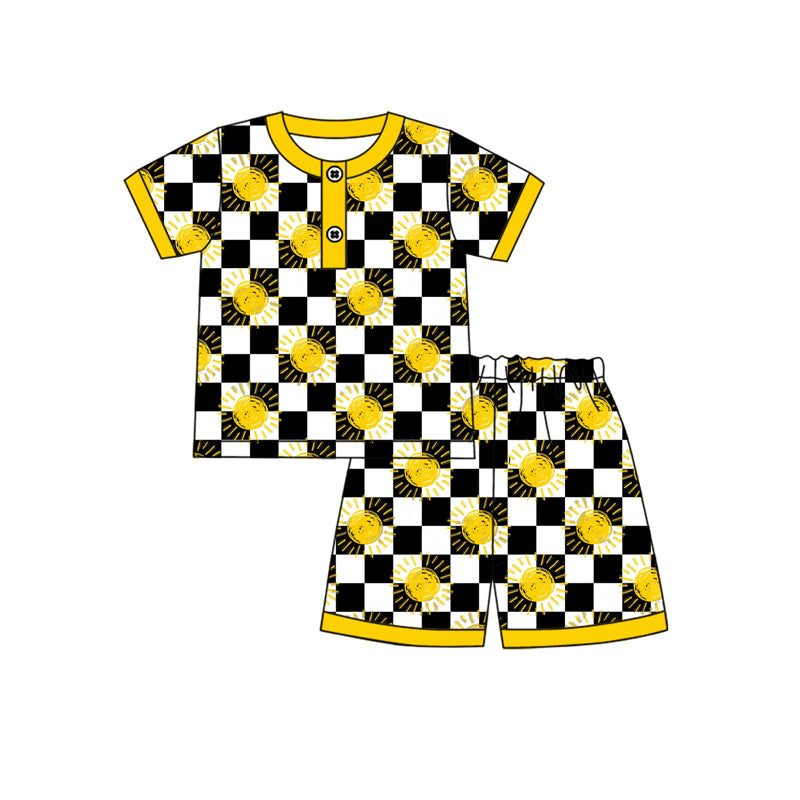 Preorder moq 5 Baby Boys Short Sleeves Black Plaid Suns Button Top Short Pajamas Set