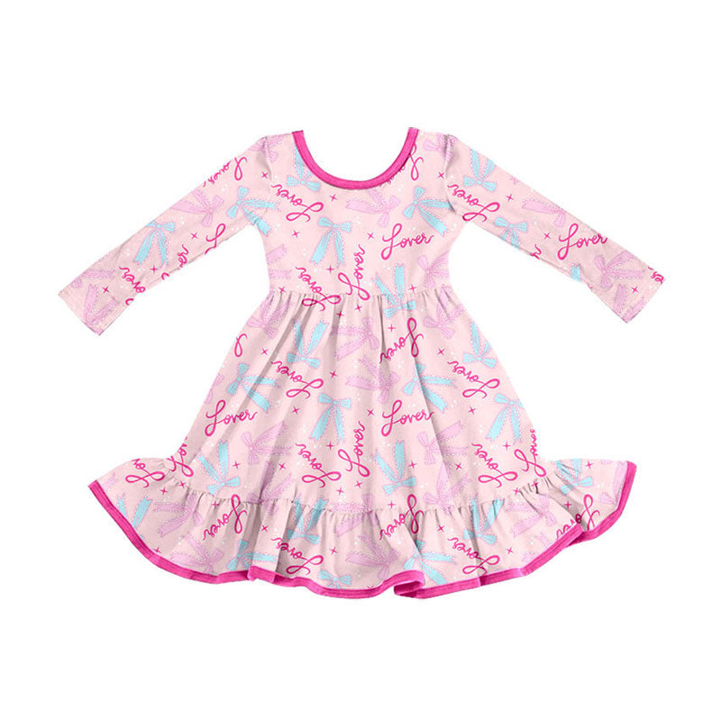 Preorder (moq 5)Baby Girls Pink Love Bows Valentine Ruffle Knee Length Dresses