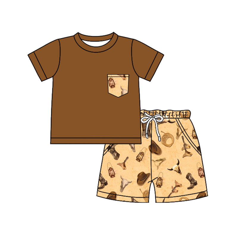 Preorder (moq 5)Baby Boys Brown Pocket Shirt Bull Skull Hats Shorts Western Clothes Sets