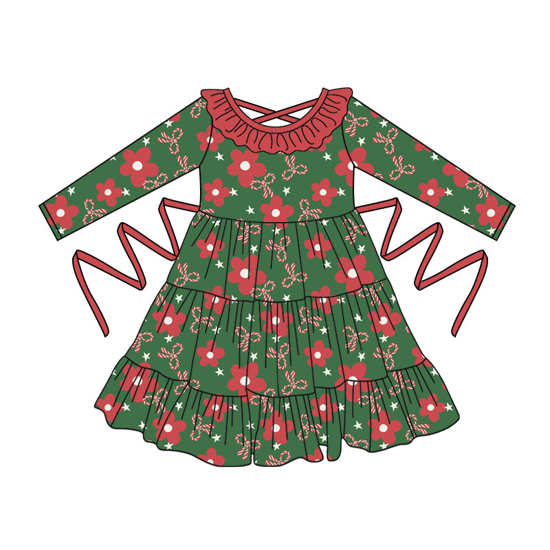 Preorder moq 5 Baby Girls Dark Green Long Sleeves Bows Flowers With Belt Ruffle Knee Length Dresses