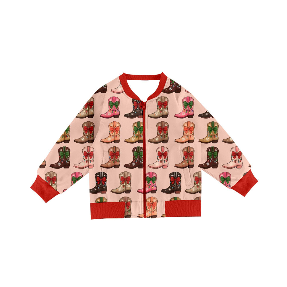 Preorder(moq 8)Baby Girls Lights Boots Checked Christmas Pockets Zip Jackets Top