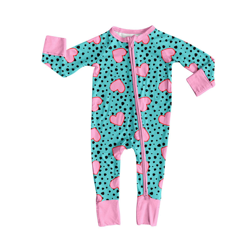 Preorder(moq 8)Baby Girls Leopard Hearts Valentine Zipper Footie Rompers