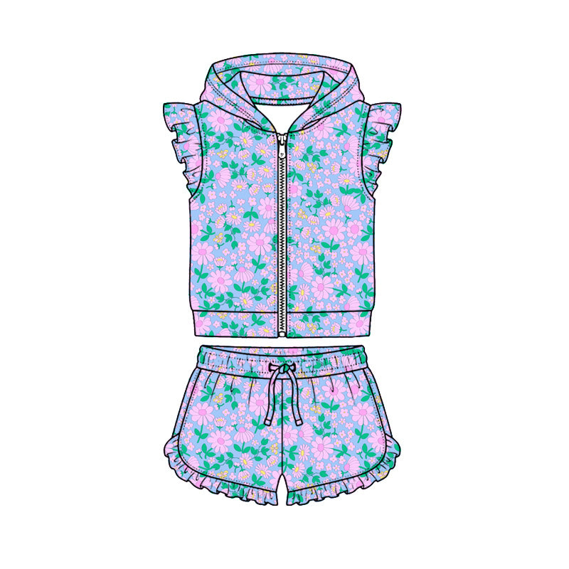 Preorder (moq 5)Baby Girls Colorful Floral Hoodie Zip Jacket Ruffle Short Clothes Sets
