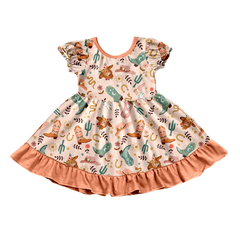 Preorder (moq 5)Baby Girls Khaki Short Ruffle Sleeves Cactus Highland Cows Knee Length Dress