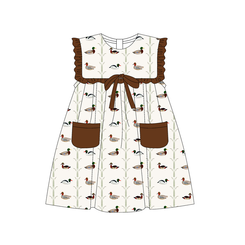 Preorder (moq 5)Baby Girls Dark Brown Sleeveless Ducks Stripe Pockets Knee Length Dresses