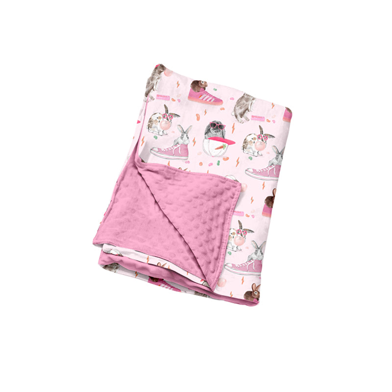Preorder (moq 5) Baby Girl Clothes Cool Bunny Pink Sneaker Carrot Print Double Layer Minky Dot Baby Blanket