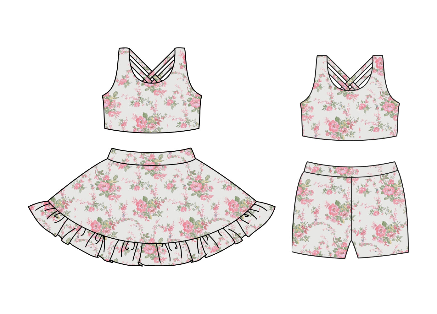Preorder moq 5 Custom Baby Girls Sleeveless Pink Floral Top Short Skirts Set