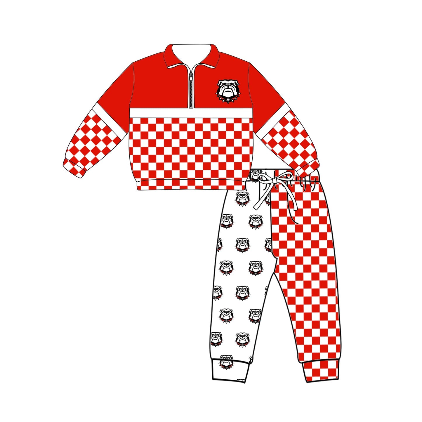 Preorder (moq 5)Baby Boys Red Checked Zip Bulldogs Pullovers Top Jogger Team Clothes Set