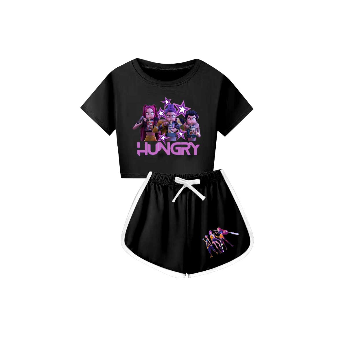 Preorder(moq 5) Baby Girls Cartoon Girls Hungry Top Shorts Black Clothes Sets