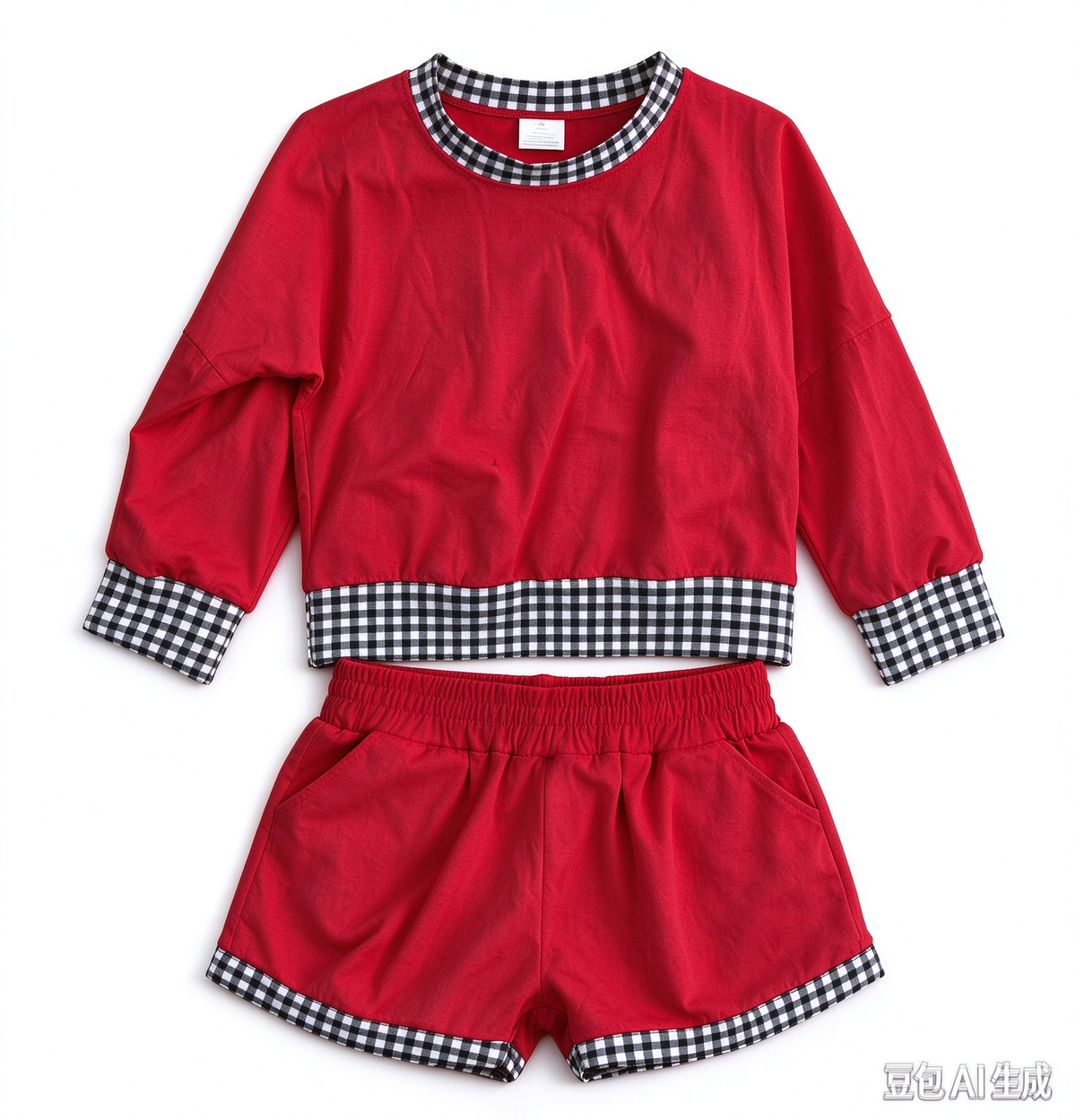 Preorder (moq 5) Baby Girl Clothes Bright Red Plain Top Buffalo Plaid Edge Long Sleeve Cropped Top Short Pant Clothes Set