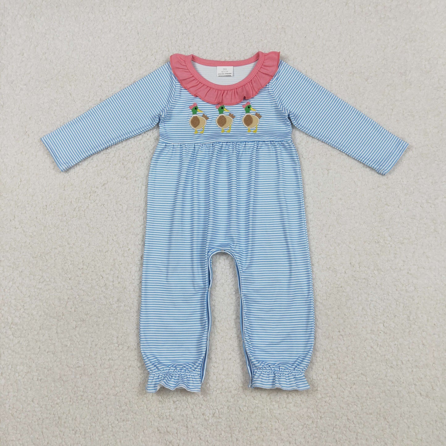 Embroidery Ducks Baby Girls Stripe Ruffle Collar Footie Rompers
