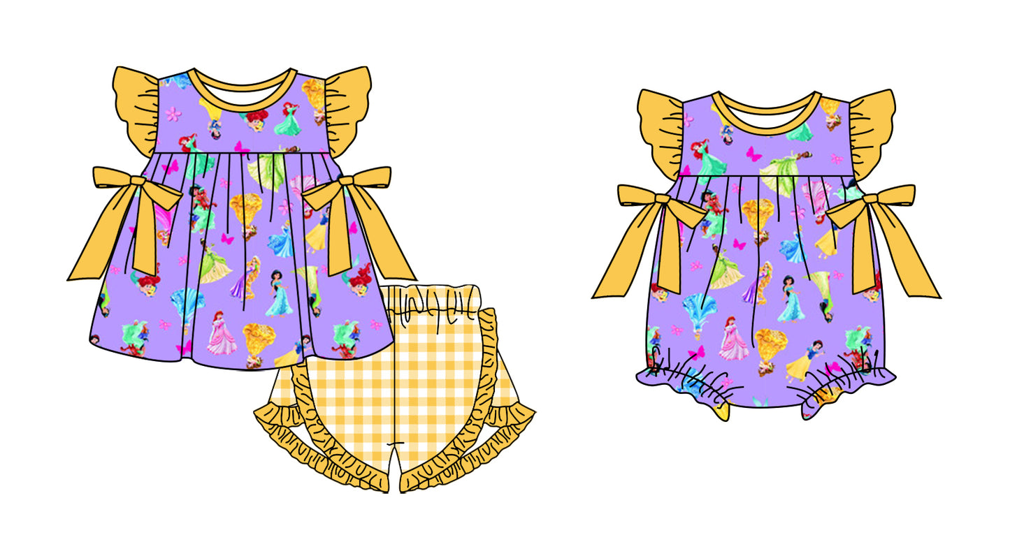 Preorder moq 5 Custom Baby Girls Princess Bows Tunic Yellow Plaid Ruffle Short Set Rompers