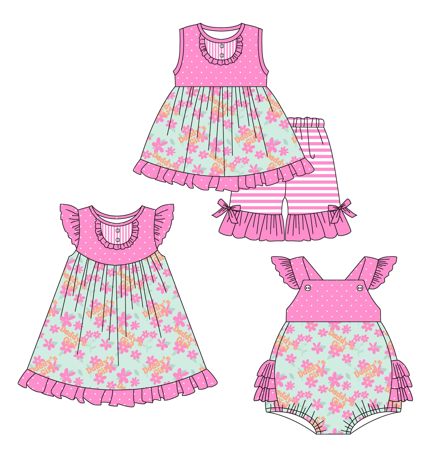 Preorder moq 5 Custom Baby Girls Pink Sleeveless Floral Button Tunic Ruffle Short Set Knee Length Dress And Rompers