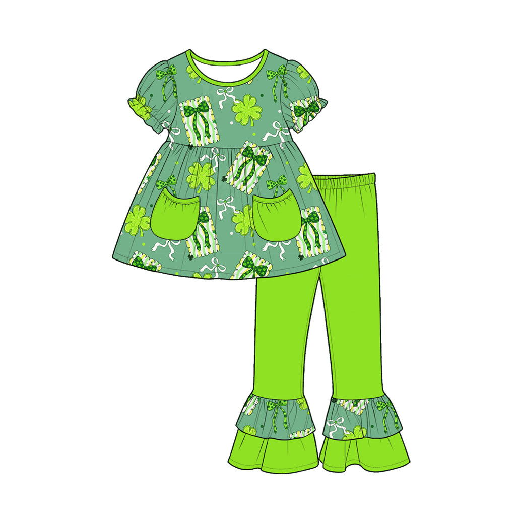 Preorder (moq 5) Baby Girl Clothes St Patrick Clover Gift Bow Print Short Sleeve Tunic Top Ruffle Flare Pant Set