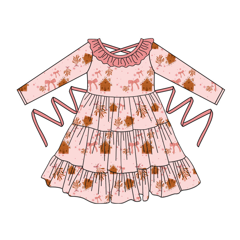 Preorder moq 5 Baby Girls Pink Long Sleeves Bows Houses With Belt Ruffle Knee Length Dresses