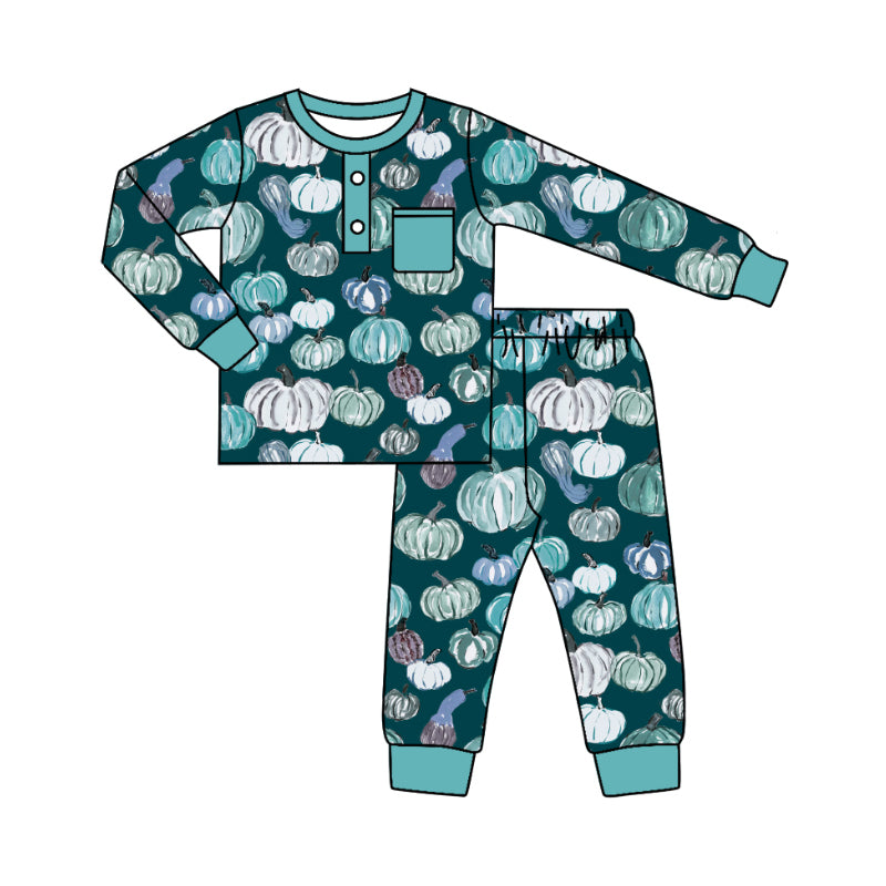 Preorder (moq 5)Baby Boys Colorful Pumpkins Button Pocket Top Pant Fall Pajamas Set