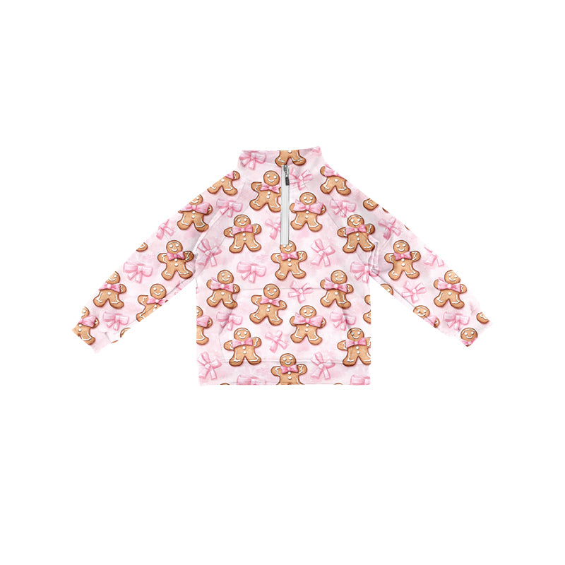 Preorder (moq 5)Baby Girls Long Sleeves Pink Bows Gingerbread Pocket Zipper Pullovers Top