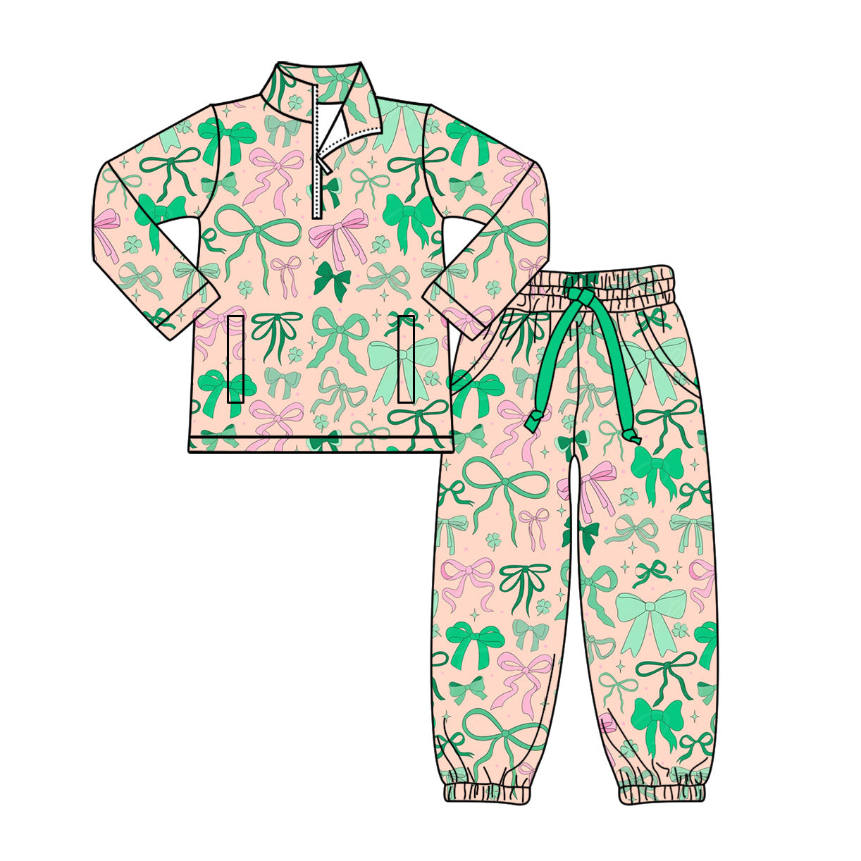 Preorder(moq 8)Baby Girls Green Pink Bows Clovers Zipper Pockets Pullovers Jogger St Patrick Clothes Set