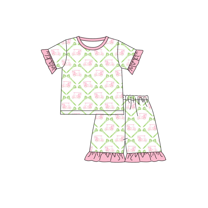 Preorder (moq 5)Baby Girls Short Ruffle Sleeves Pink Golf Trucks Top Short Pajamas Set Preorder