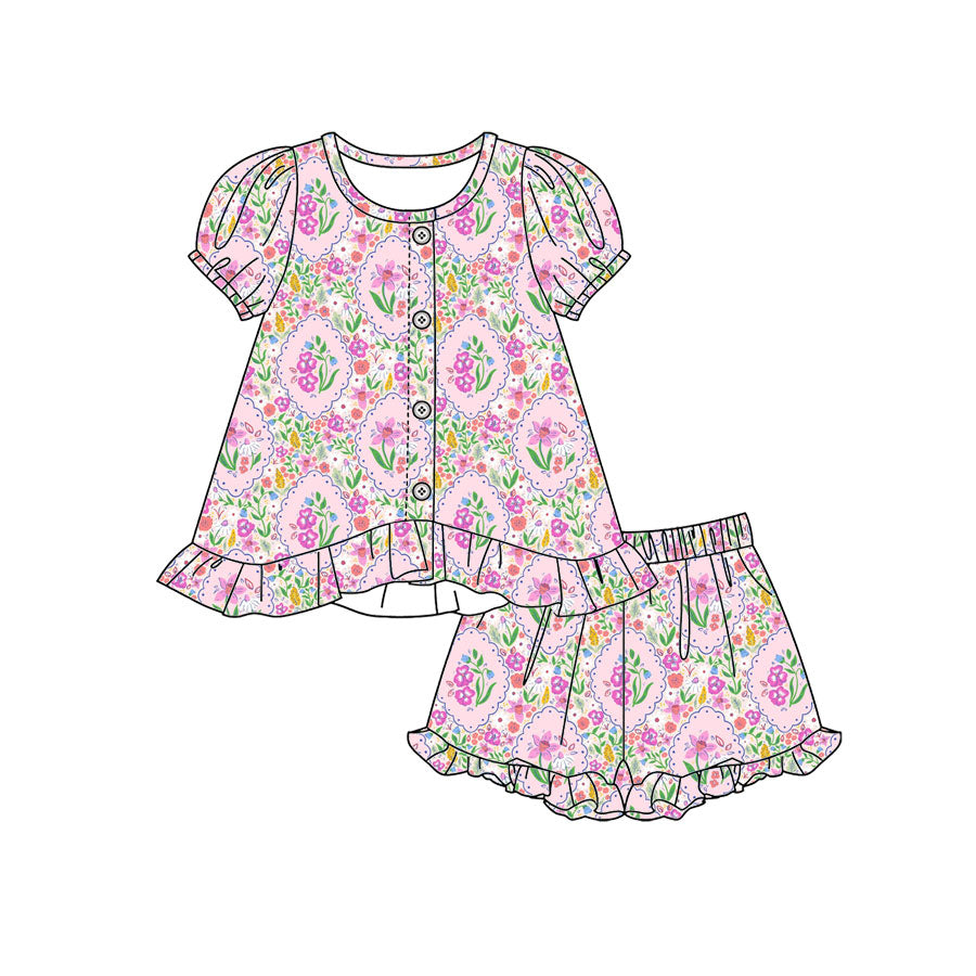 Preorder moq 5 Baby Girls Colorful Floral Button Tunic Ruffle Shorts Clothes Set