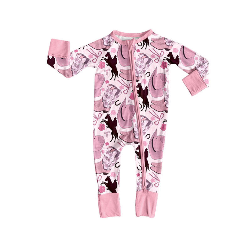 Preorder (moq 5)Baby Girls Hats Horse Rodeos Western Zipper Footie Rompers