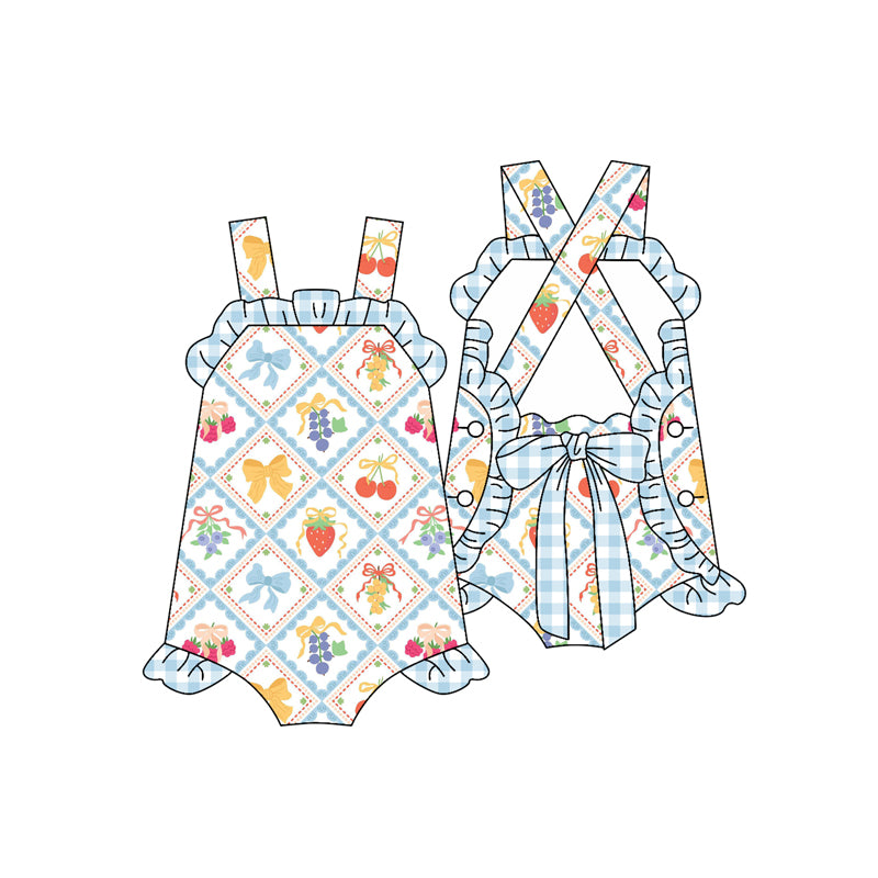 Preorder (moq 5)Baby Girls Blue Strap Bows Strawberry Plaid Ruffle Rompers