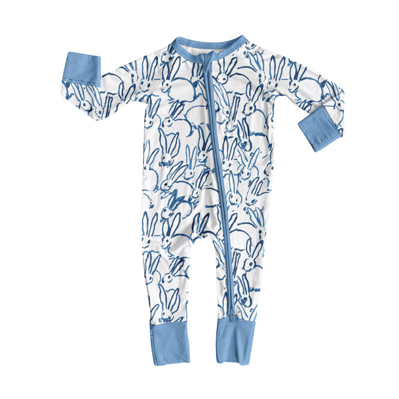 Preorder (moq 5)Baby Boys Blue Rabbits Plaid Easter Zipper Footie Rompers