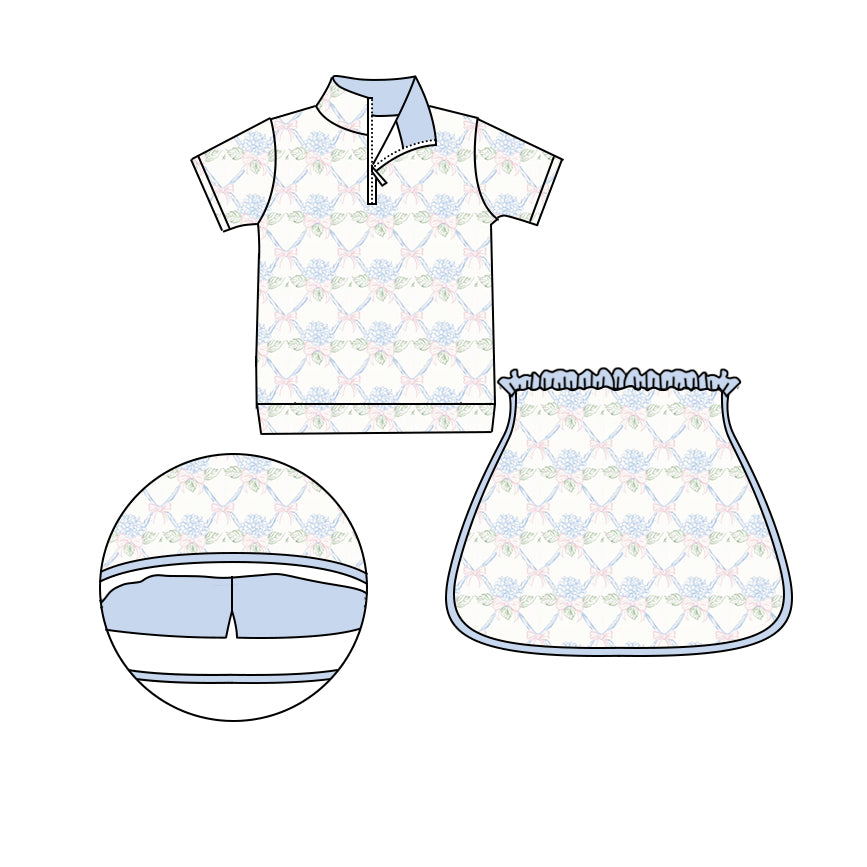 Preorder (moq 5)Baby Girls Blue Flowers Zip Pullovers Top Skort Shorts Clothes Sets