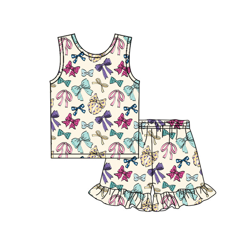 Preorder (moq 5)Baby Girls Colorful Bows Top Ruffle Shorts Clothes Sets