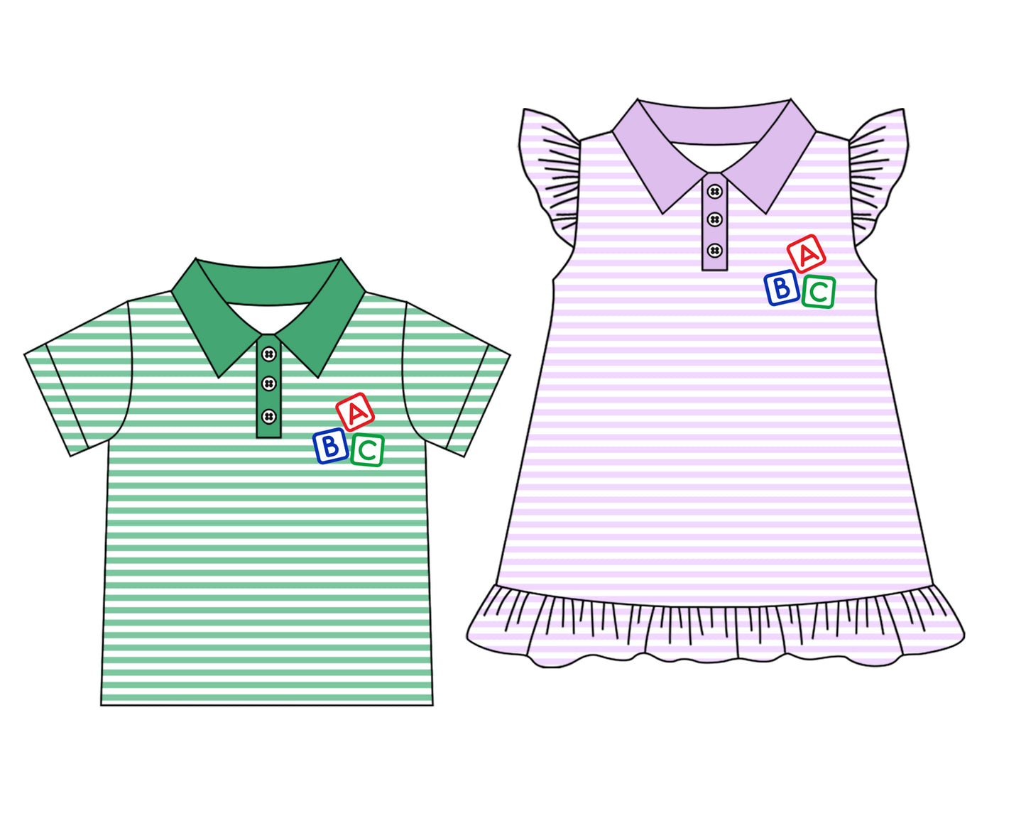 Preorder moq 5 Custom Baby Kids Short Sleeves Stripe Button ABC Shirts Top Dresses