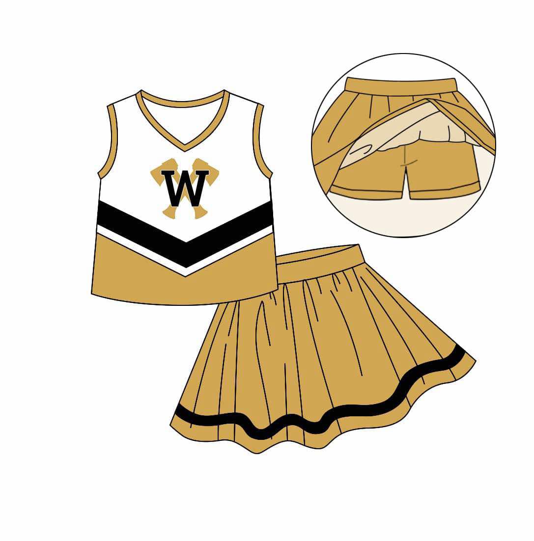 Preorder (moq 5)Baby Girls W Golden Cheer Team Top Skort Shorts Clothes Sets