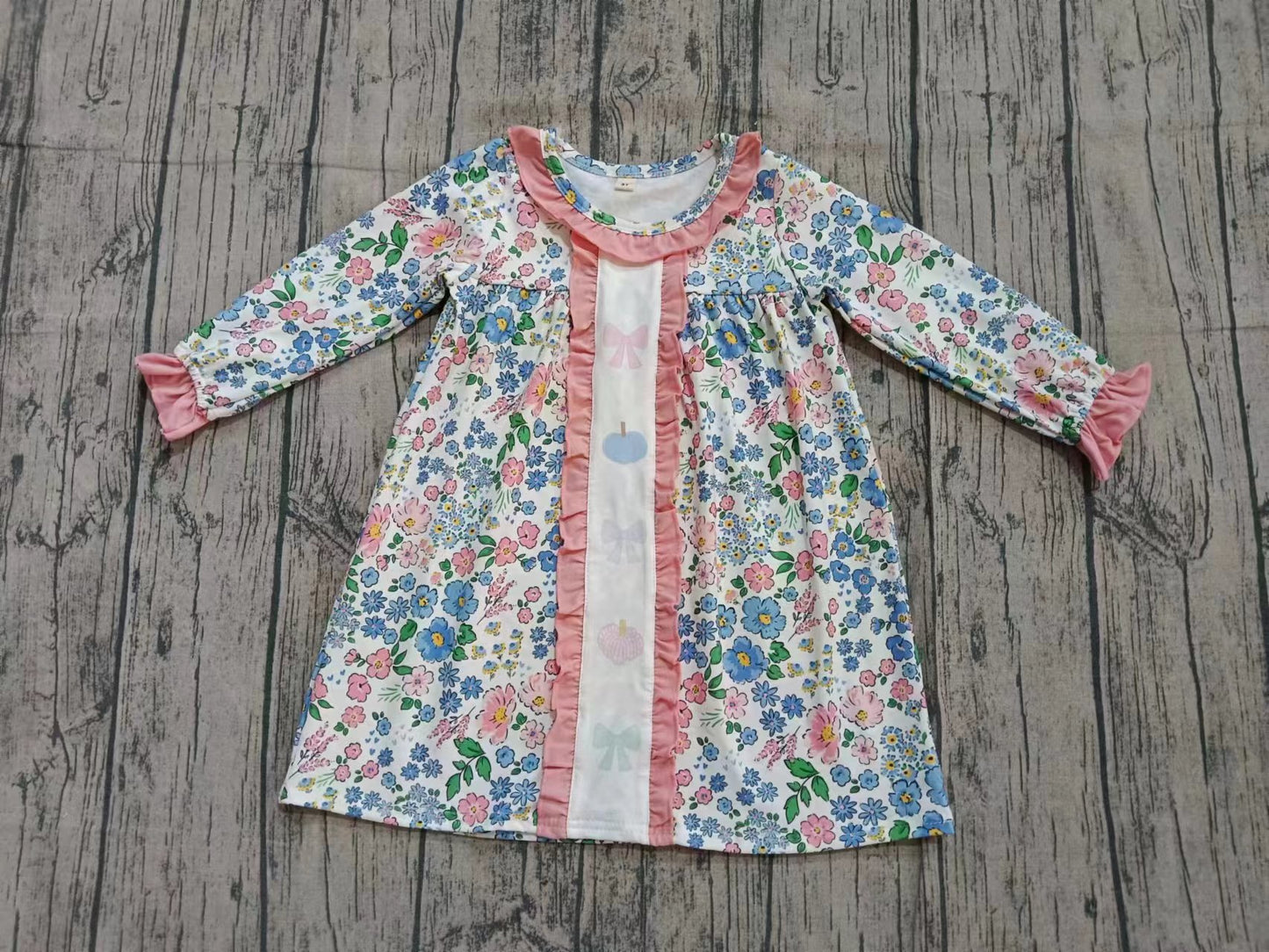 Preorder (moq 5)Baby Girls Pink Blue Flowers Bows Pumpkins Fall Knee Length Dresses