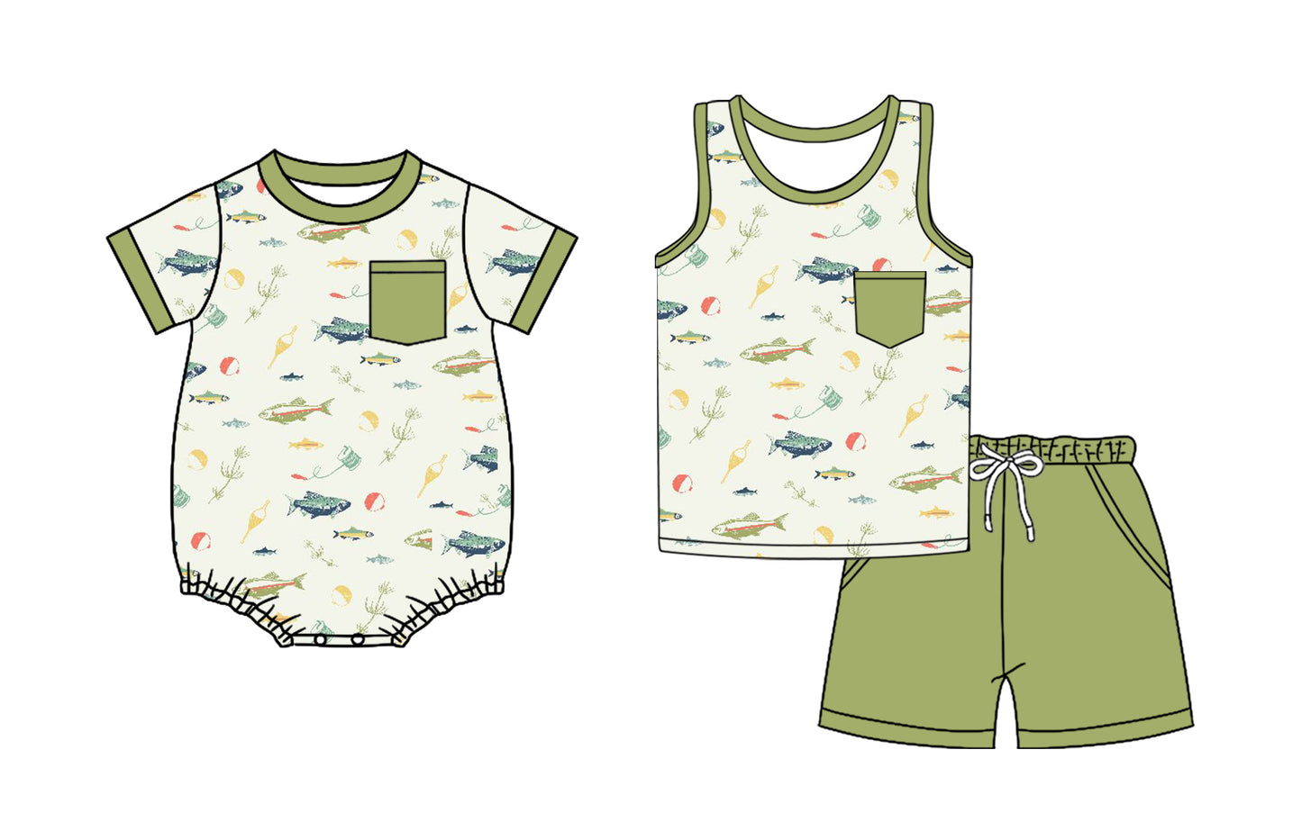 Preorder moq 5 Custom Baby Boys Green Fishing Pocket Top Short Set Romper