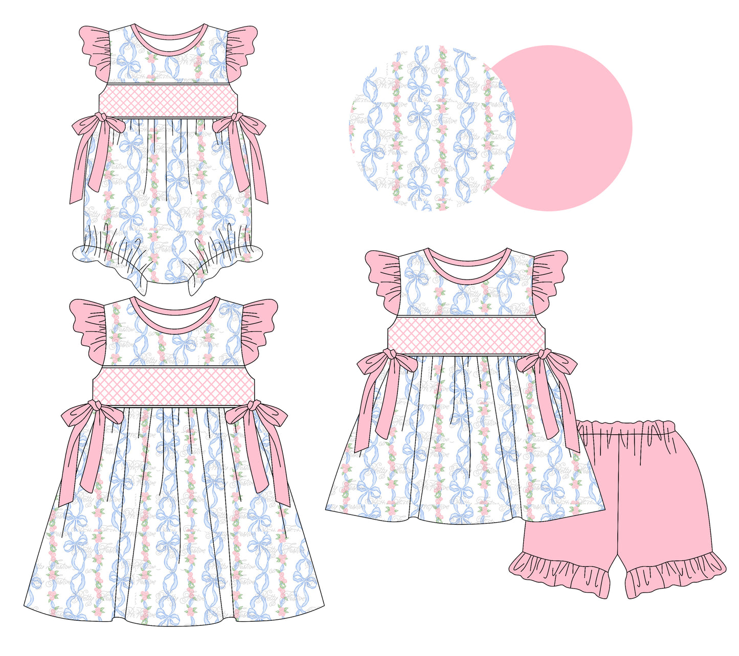 Preorder moq 5 Custom Baby Girls Bows Floral Stripe Tunic Ruffle Short Set Knee Length Dress And Rompers