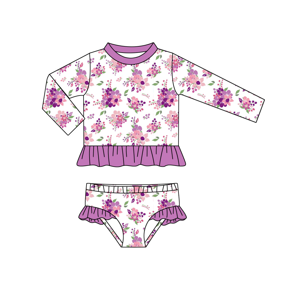 Baby Girls Purple Flowers Long Sleeve Top Ruffle Bummie 2pcs Swimsuits preorder(moq 5)