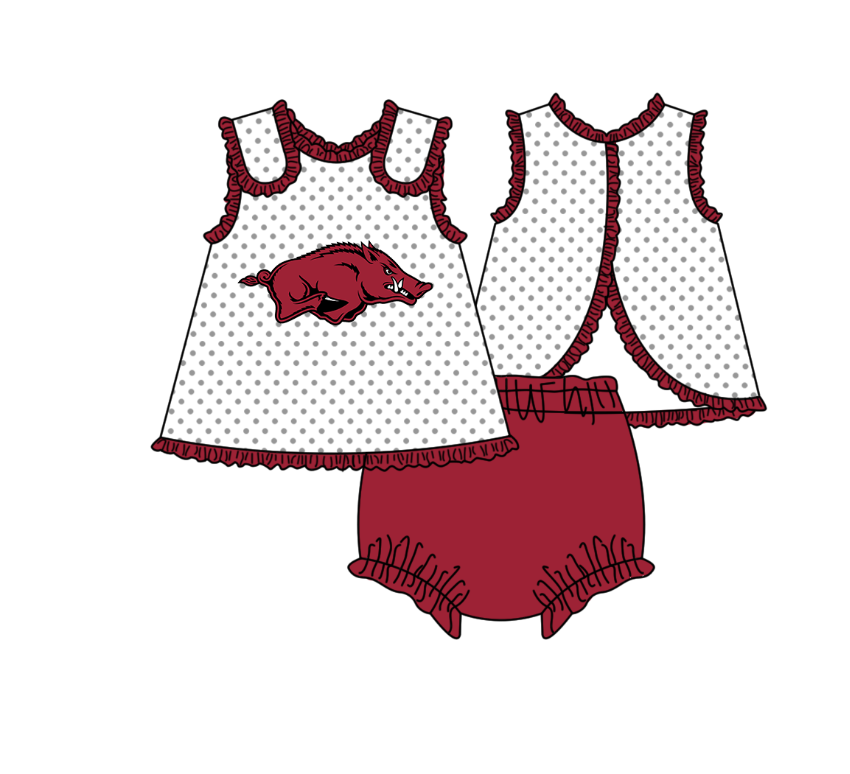 Preorder (moq 5)Baby Girls Sleeveless Bulls Polka Dots Tunic Bummies Team Clothes Set