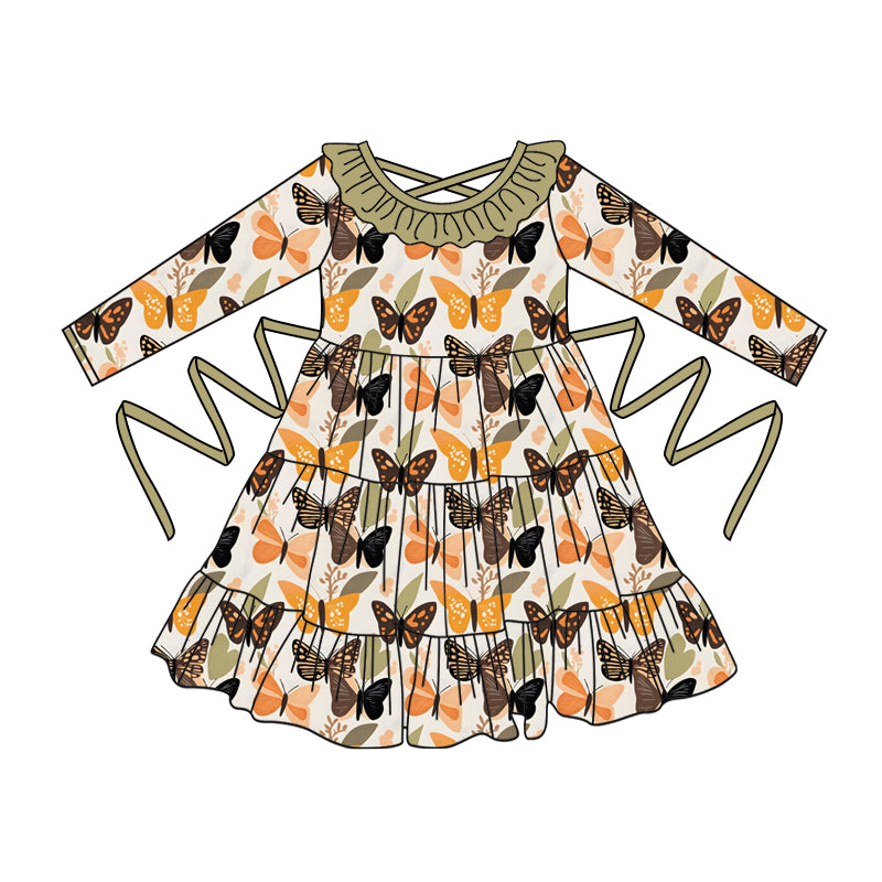 Preorder moq 5 Baby Girls Long Sleeves Colorful Butterfly With Belt Ruffle Knee Length Dresses