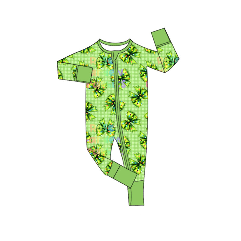 Preorder moq 5 Baby Infant Boys Long Sleeves Green Plaid Bows Zipper Romper
