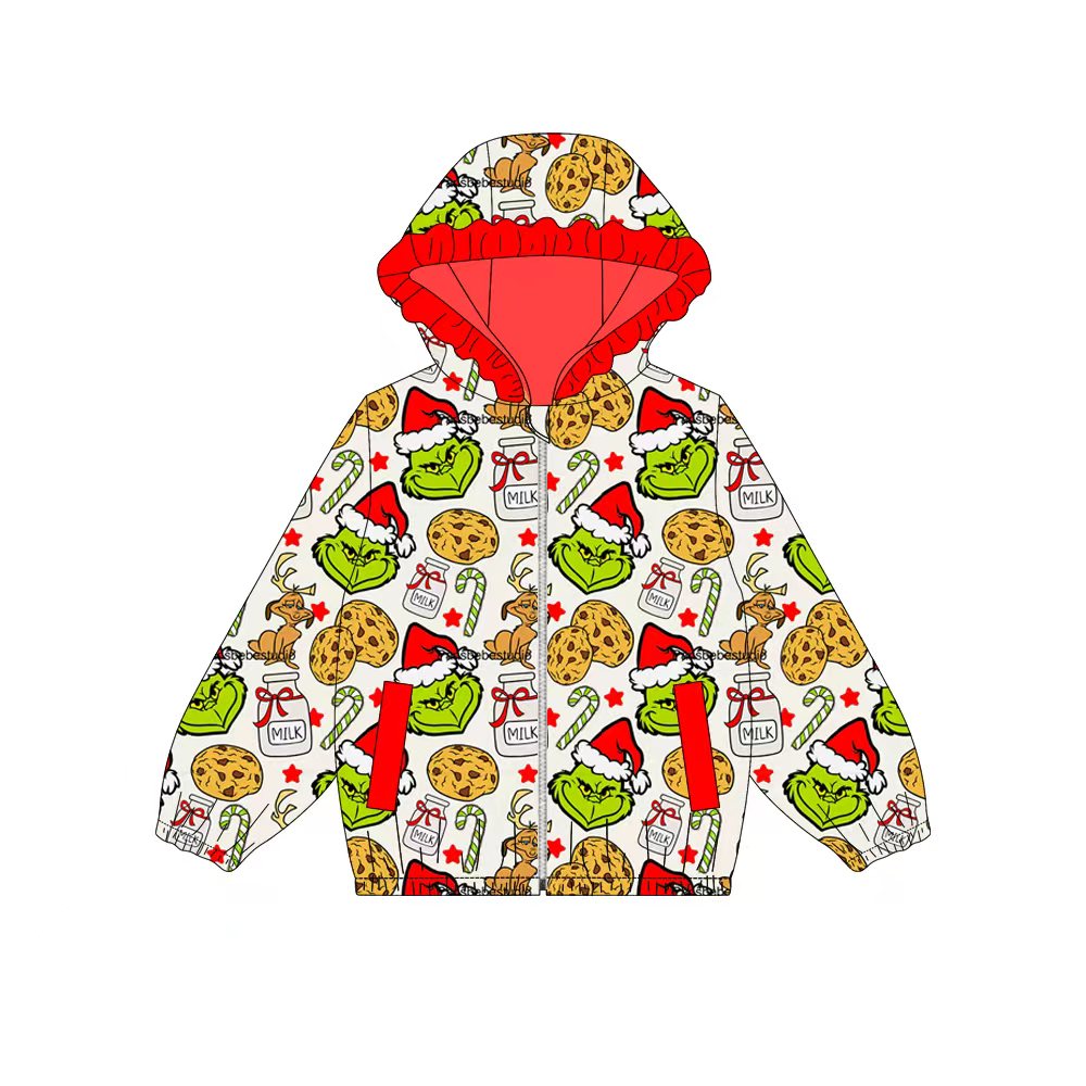 Preorder (moq 5)Baby Girls Green Faces Cookie Milks Pockets Zipper Christmas Ruffle Hoodies Jackets Top