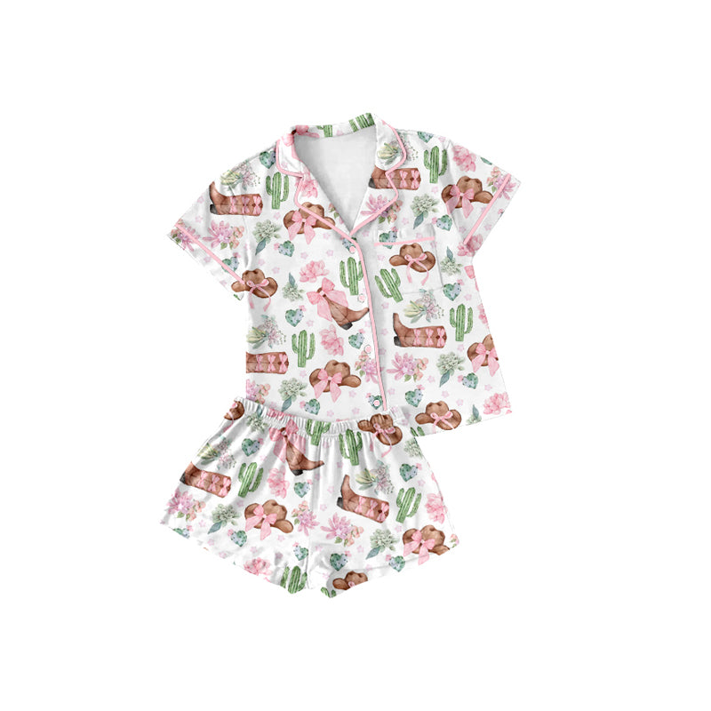Preorder (moq 5)Baby Girls Western Boots Cactus Buttons Top Shorts Pajamas Sets